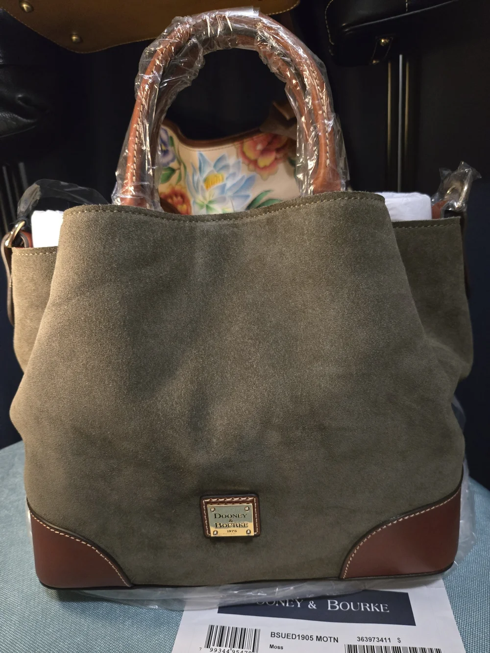 NWT. Beautiful Dooney & Bourke Moss Suede BARLOW with Brown Leather Trim - Picture 1 of 12